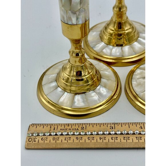 Brass and Mother of Pearl Candle Sticks Set of 3 - Picture 4 of 7